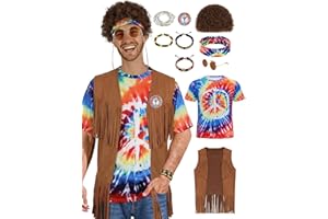 APHBPT 70s Outfits for Men - 10 Pcs Hippie Costume with Tie Dye Shirt, Fringe Vest & Accessories,60s/70s Retro Party Clothes
