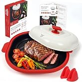 AHJ Microwave Grill Pan with Lid for Meat, Browning and Crisping，Red | Nonstick Grill Plate with Even Heating for Fast Cooking and Crispy Results, Ideal for Bacon, Pizza, Sandwiches and More