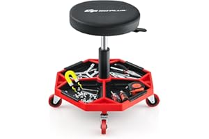 Goplus Rolling Garage Stool, 16”-22” Adjustable Mechanic Stool with Universal Wheels, Removable Magnetic Tool Tray, 2” Thick Padded Cushion, 330LBS Capacity, Roller Creeper Seat, Shop Chair
