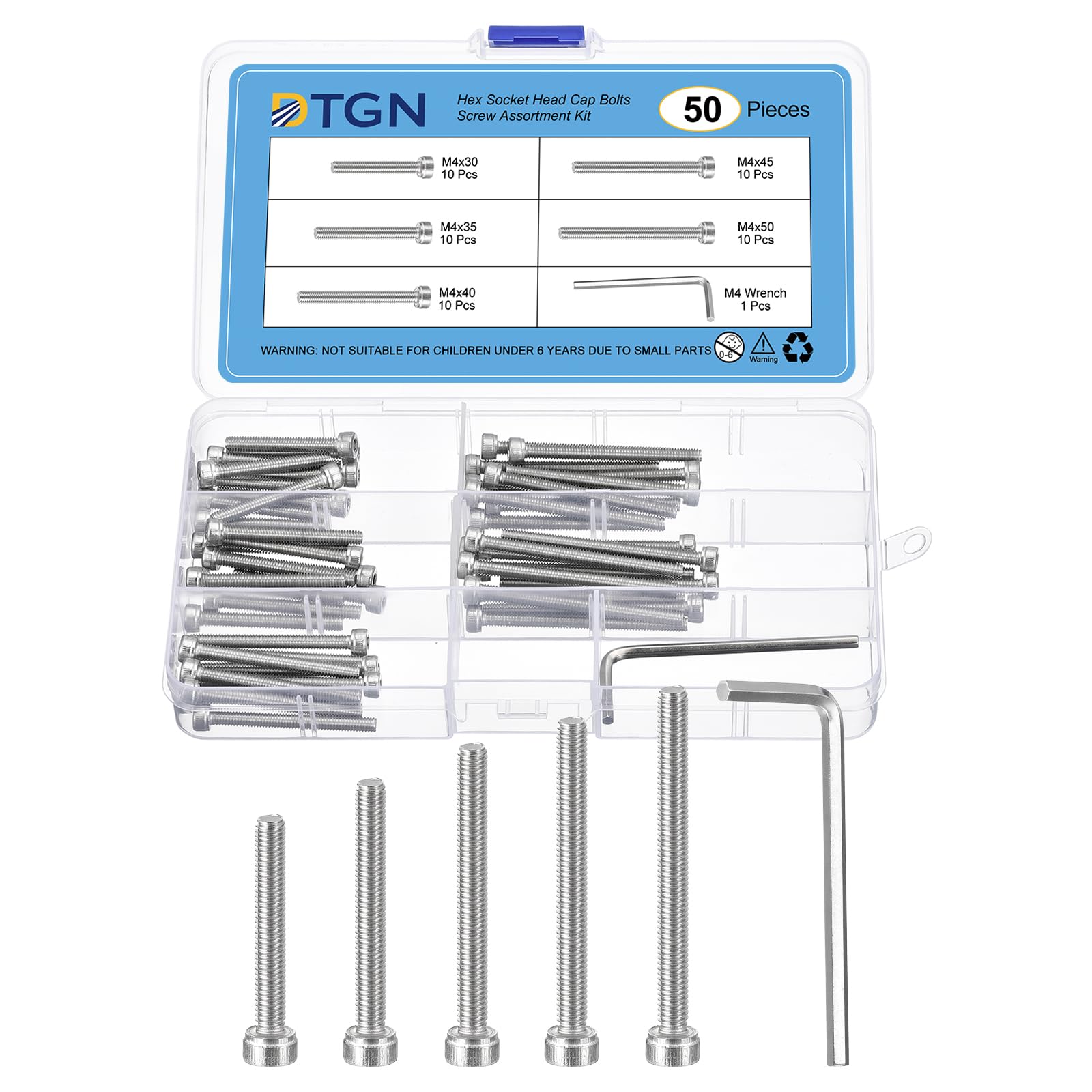 DTGN 50Pcs M4 Metric Screw Assortment, M4 Bolts Socket Head Screws, 304 Stainless Steel M4x30/35/40/45/50mm Hex Socket Head Cap Screws Bolt Set With Wrench for 3D Printing DIY