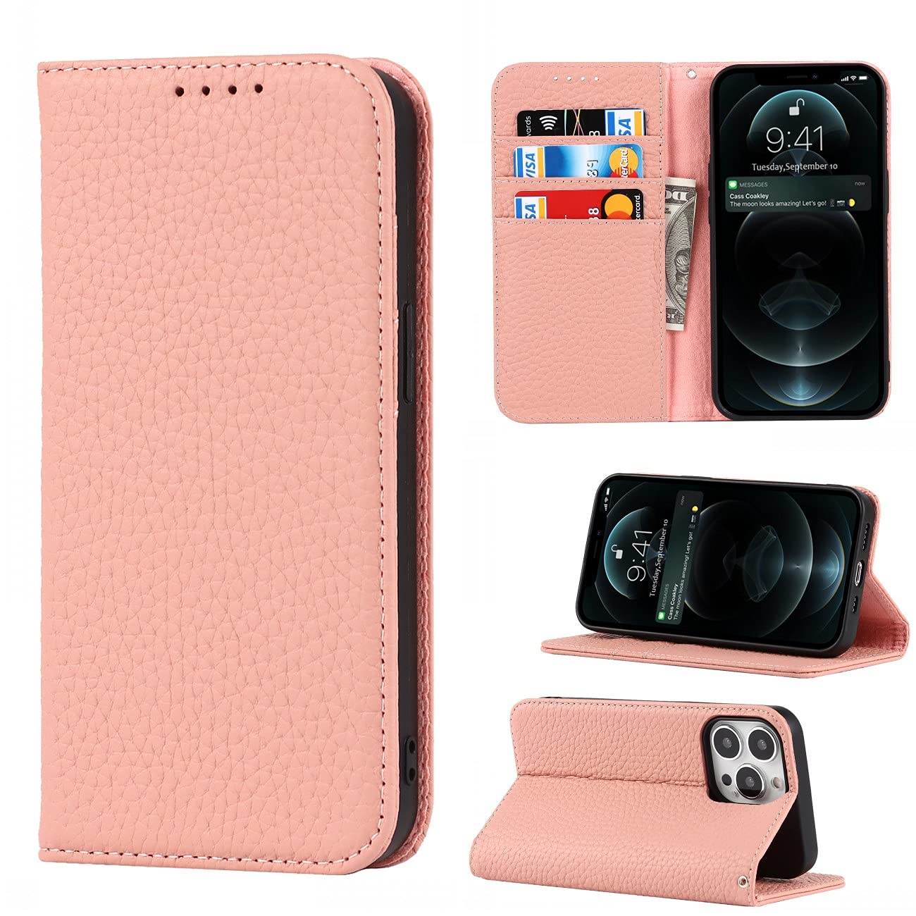 Copmob Phone Case iPhone 13 Pro,Flip Genuine Leather Wallet Case,[4 Slots][Magnetic closure][With Lanyard],Protective Cover Case for iPhone 13 Pro - Pink