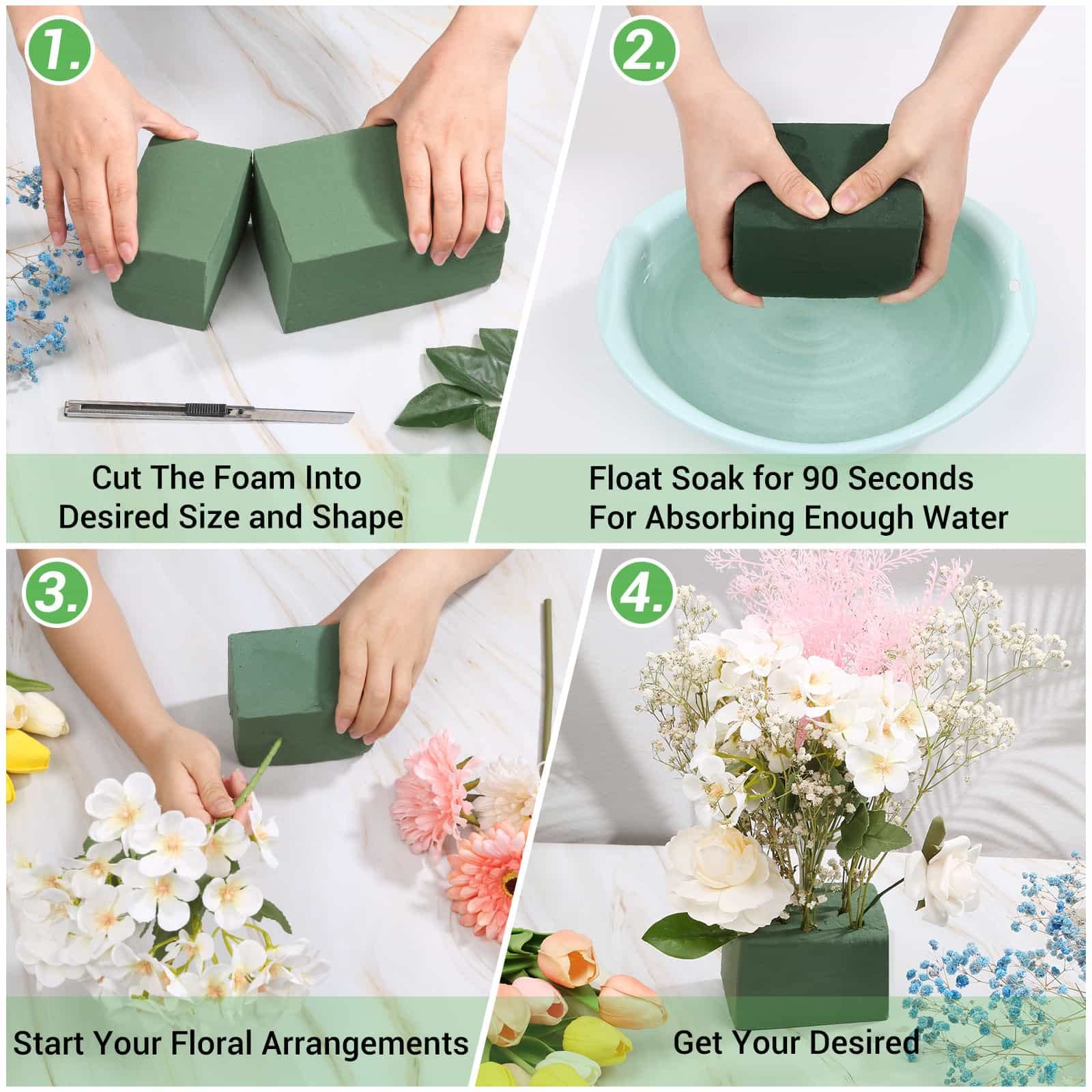 6 Pcs Floral Foam Blocks for Flower Arrangement (Larger Size 9” Lx4.3” Wx3” H) Wet and Dry Green Floral Foam for Wedding, Birthdays, Home Decorations