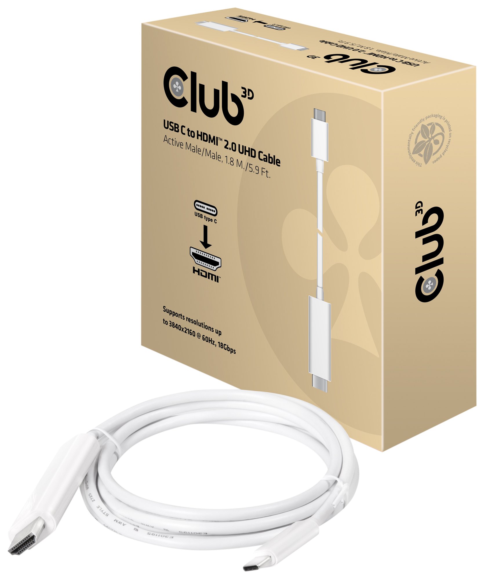Club 3D USB C to HDMI™ 2.0 UHD Cable Active 1.8 M/5.9 Ft.