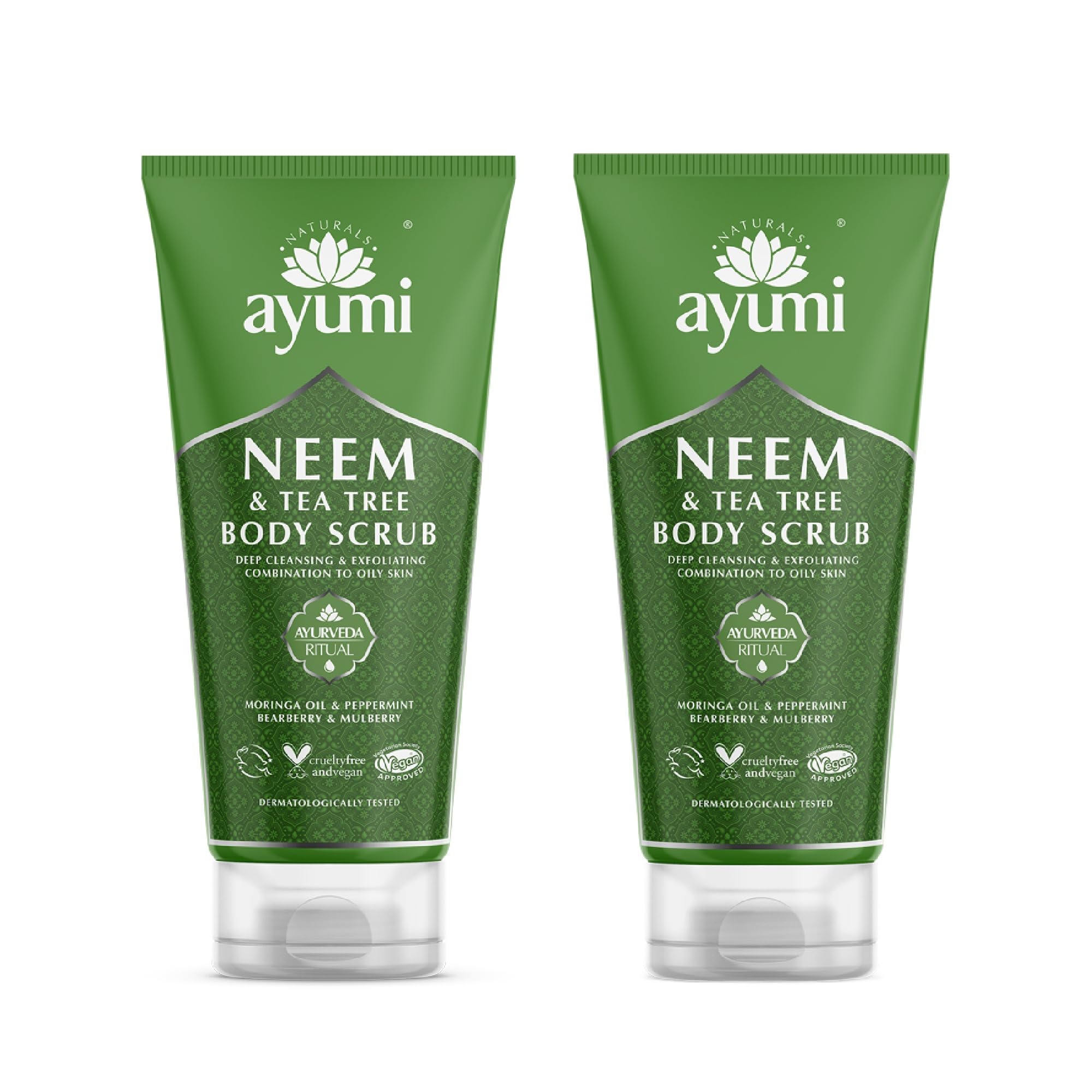 Ayumi Exfoliating Body Scrub with Neem | Tea Tree Oil Scrub for Oily Skin | Back Acne Treatment with Neem Scrub | Nettle Leaf to Soothe Itching | Body Scrub for Women & Mens Skincare Rituals |2x200 ml
