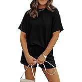 MARZXIN Women 2 Piece Shorts Set 2026 Casual Summer Cruise Outfits Ribbed Loose Short Sleeve Pocket Matching Lounge Sets
