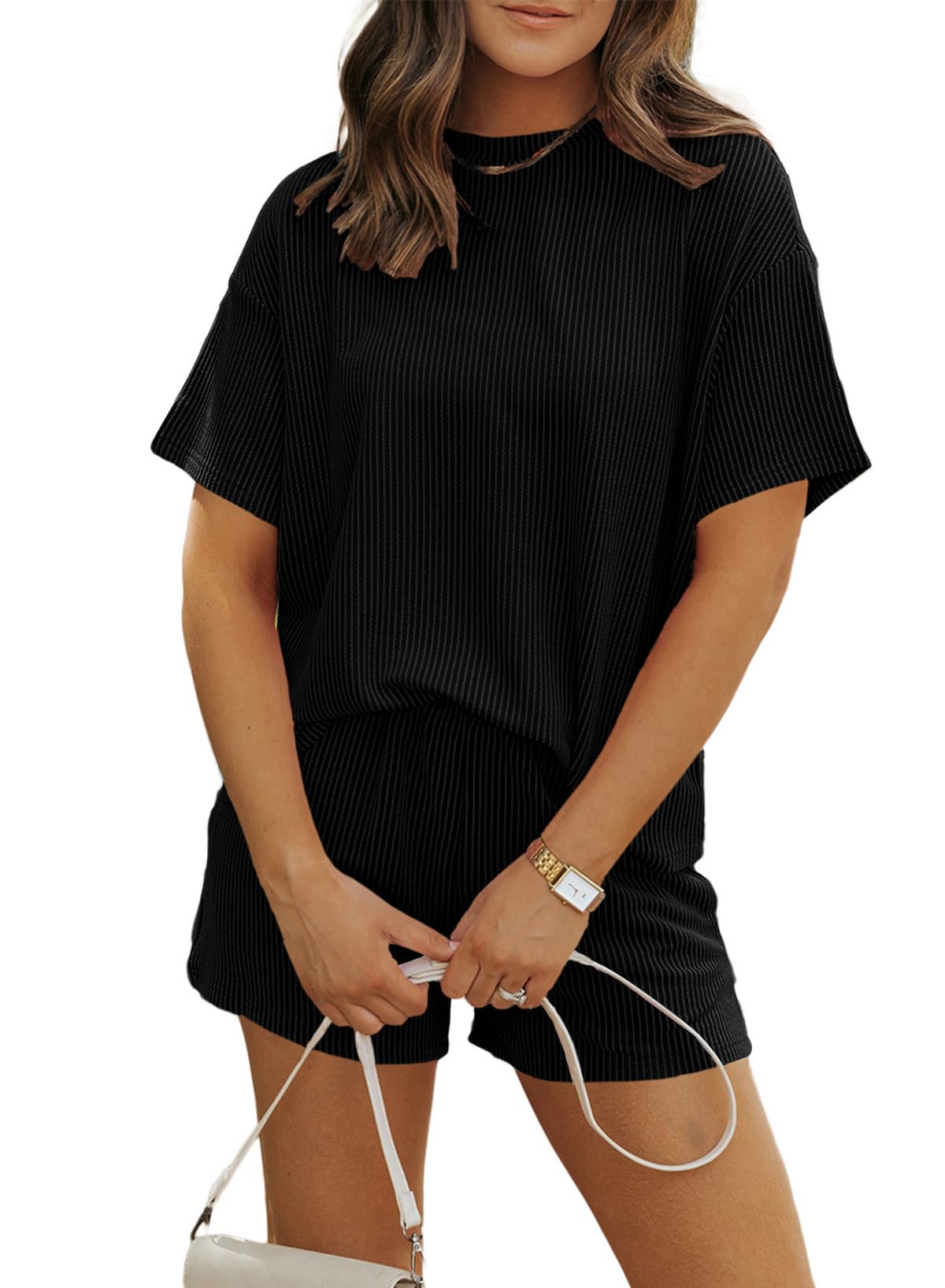 Photo 1 of MARZXIN Women's 2 Piece Outfits Summer Tracksuit Ribbed Textured Knit Loose Lounge Shorts Set Short Sleeve Matching Sets Black L
