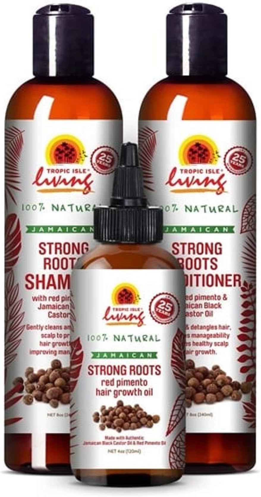 ropical Isle Living Jamaica Trio Set Strong Roots Shampoo with Castor Oil and Red Pimento 237ml Strong Roots Conditioner with Castor Oil and Red Pimento 237ml Red Pimento Castor Hair Growth Oil 118 ml