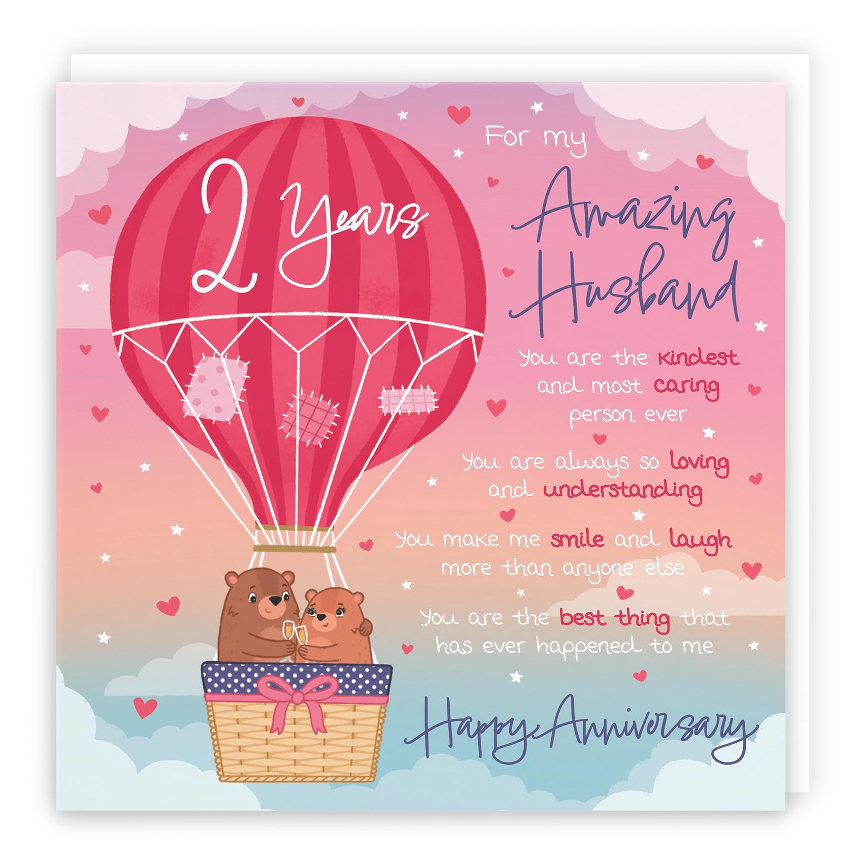 Hunts England - Large Husband 2nd Anniversary Poem Card - Love Is In The Air - Beautiful Love Verse - Cute Bears - 2nd Anniversary Card - Romantic 2 Years Husband Anniversary Card - 210 x 210 mm