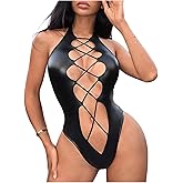 OYOANGLE Women's PU Leather Criss Cross Lingerie Halter Bodysuit Cut Out Backless Rave Body Suits
