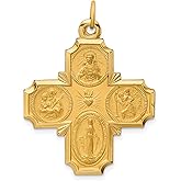 14k Yellow Gold Four Way Cross Pendant with Sacred Heart, Saint Joseph, Saint Christopher, Miraculous Medal - Catholic Devotional Necklace for Women or Unisex Religious Faith and Protection Jewelry