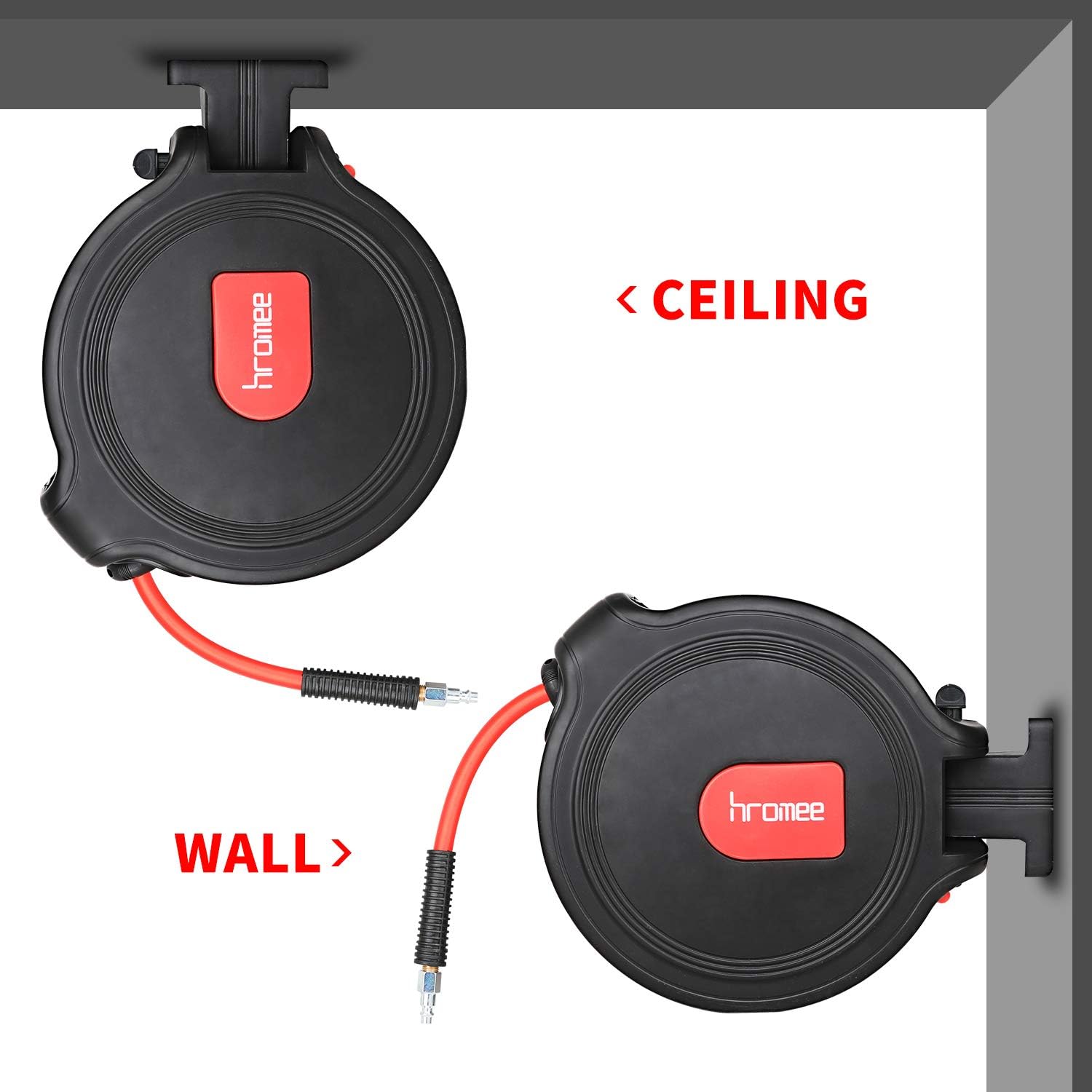 Hromee Air Compressor Hose Reel with Automatic Retractable Enclosed 3/8 Inch × 50 Feet Hybrid Pneumatic Hose, Fittings and Swivel Mount Bracket MAX. 300PSI - - 