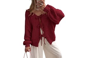 PRETTYGARDEN Women's Tie Front Bow Cardigan Sweaters Chunky Knit Long Puff Sleeve Trendy Fall Winter Jacket Coats