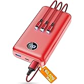 Portable Charger Power Bank, 60000mAh Battery Pack with 3 in 1 USB-C/iOS/Micro-USB Cable, 22.5W Fast Charging Portable Phone Charger, Travel Camping Essential Powerbank for iPhone 17/16 Samsung,Ruby