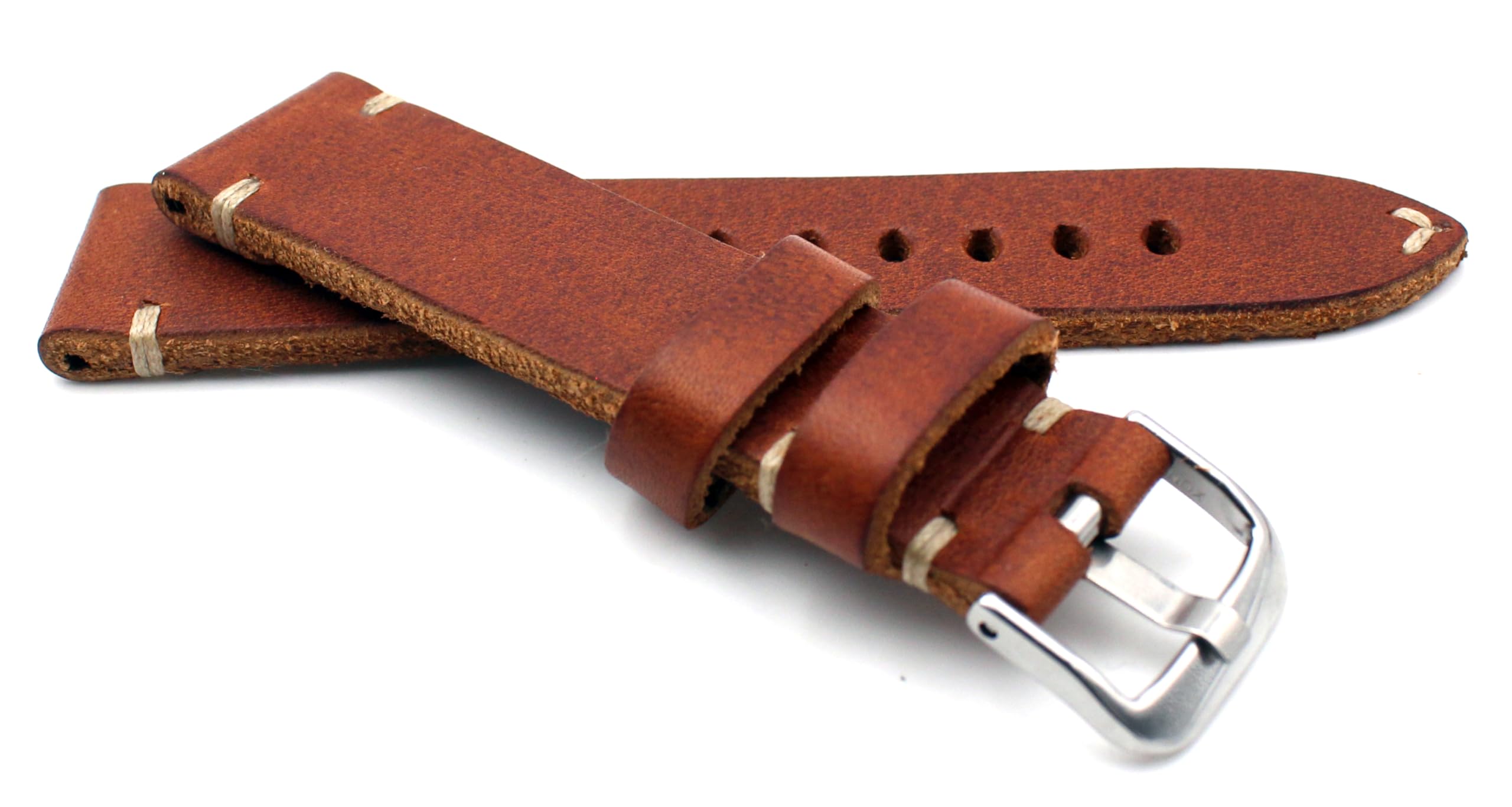 RIOS 22 mm handmade leather band, white, stitching, 22 mm, 20 mm, retro look, strap