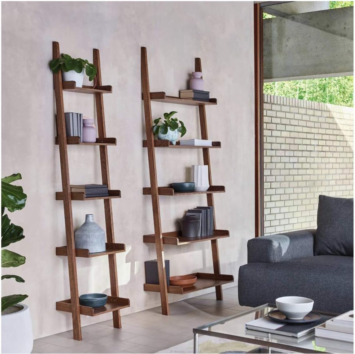 Opulence Trading Contemporary Narrow Leaning Bookcase for Storage and Display Space - Walnut Veneer - H179, W37, D37cm