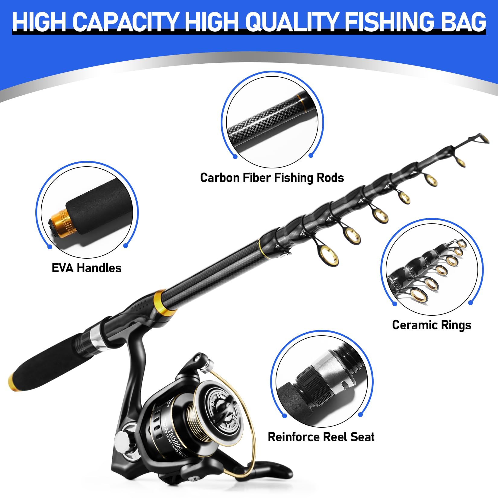 Telescopic Fishing Rod and Reel Combo Kit, 2PACK 6.9FT Carbon Fiber Collapsible Rods, Spinning Reels, Lures and Carrier Bag, Saltwater & Freshwater Travel Fishing Gear for Adults