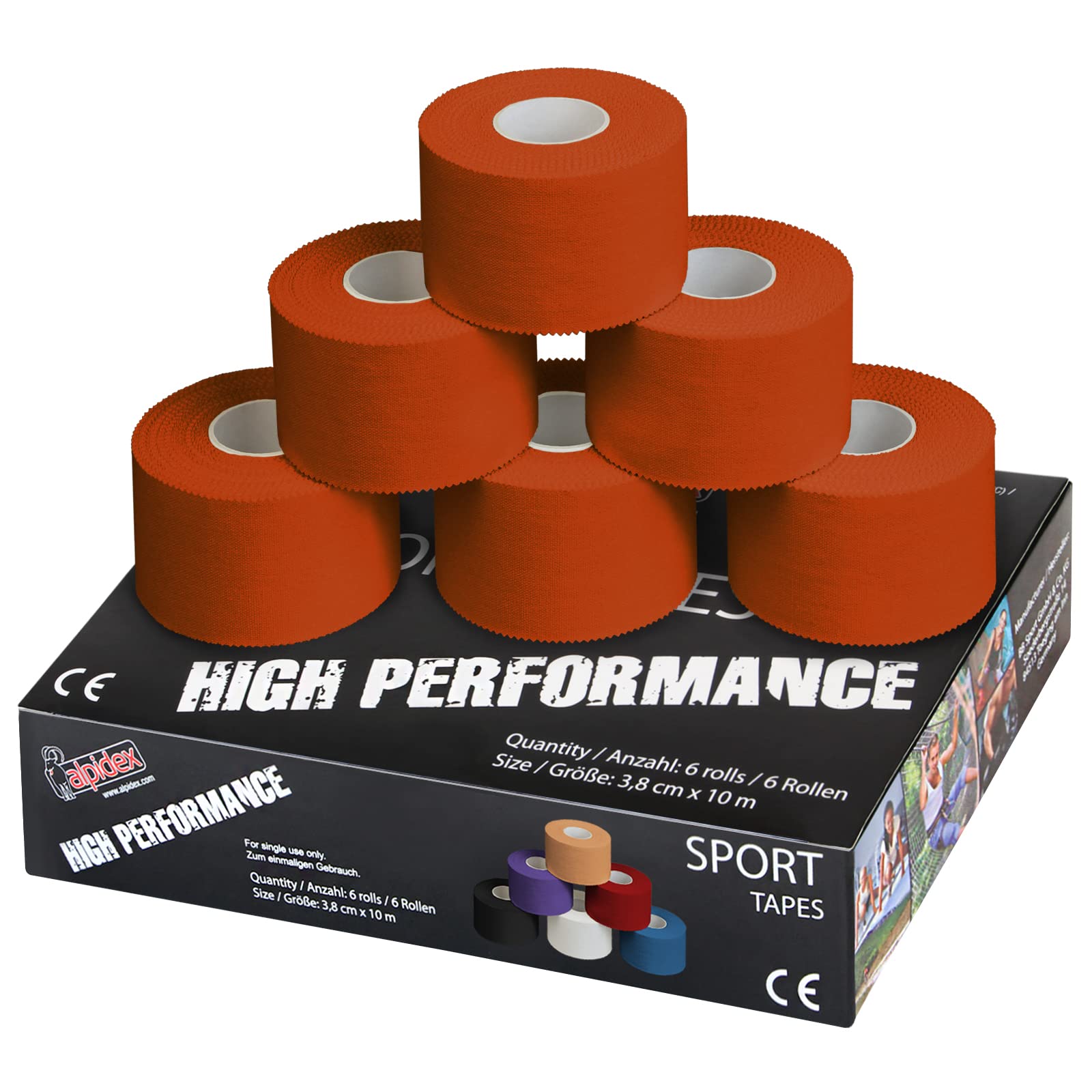 ALPIDEX 6 x Sports Tape 10 m x 3.8 cm Many Colours Zinc Oxide Finger Tape Tearable Skinfriendly Handball Football Volleyball Rugby, Colour:orange