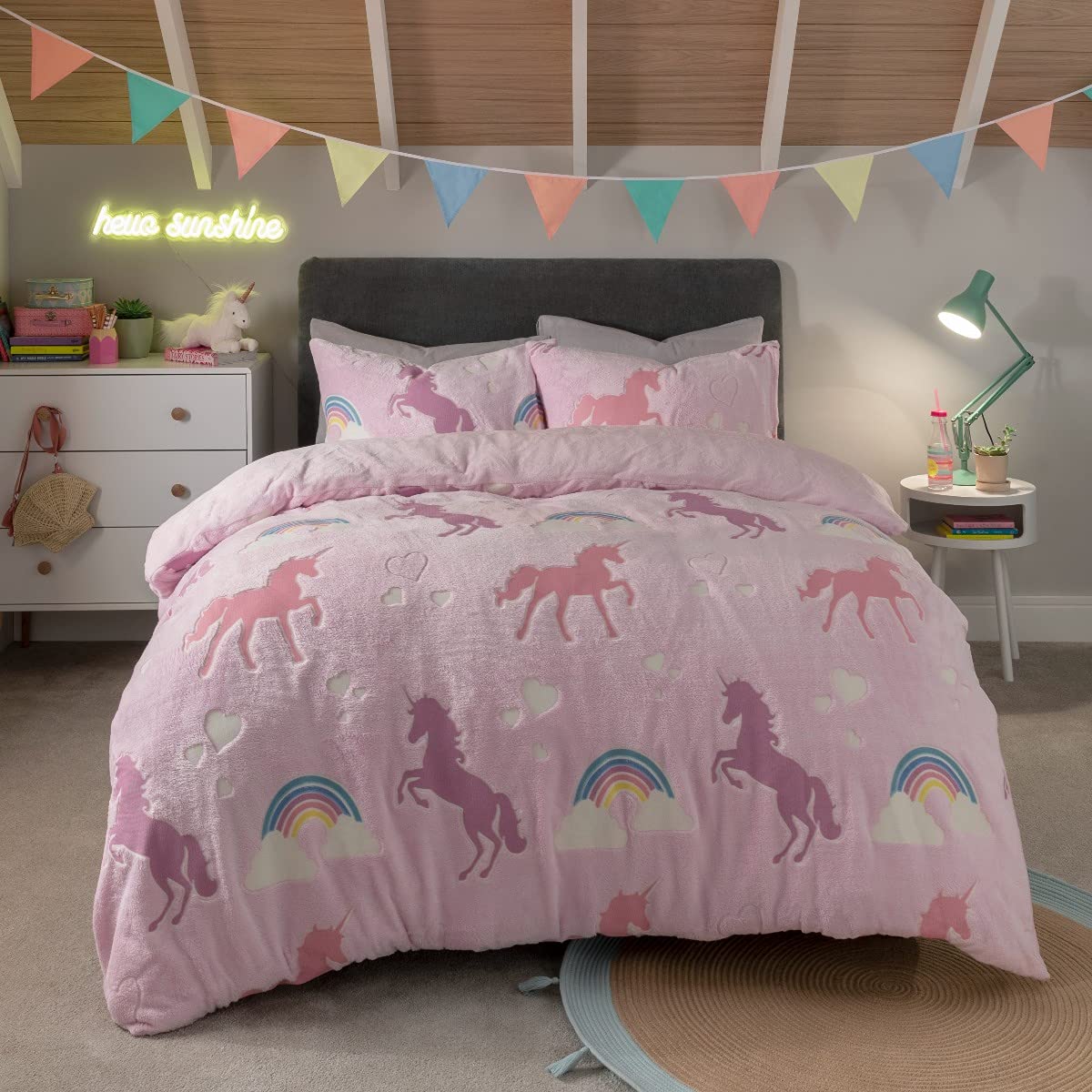 Sleepdown Kids Glow In The Dark Unicorn Rainbow Fleece Thermal Warm Cosy Super Soft Duvet Cover Quilt Bedding Set with Pillow Case - Single (135cm x 200cm) - Pink, 5056242843429