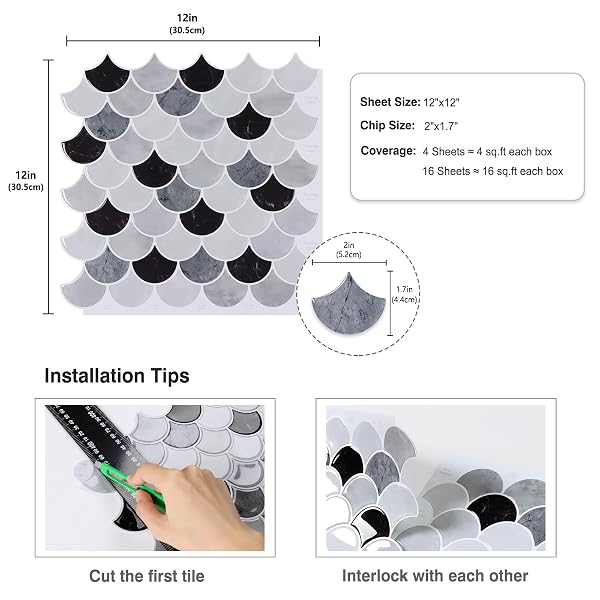 CRE8TIVE 16 SHEETS FISH SCALE PEEL AND STICK TILE BACKSPLASH BLACK GREY PEEL AND STICK BACKSPLASH FOR KITCHEN BATHROOM STICK ON BACKSPLASH FOR KITCHEN WATERPROOF SHELL WALL TILES FOR FIREPLACE 12″X12″