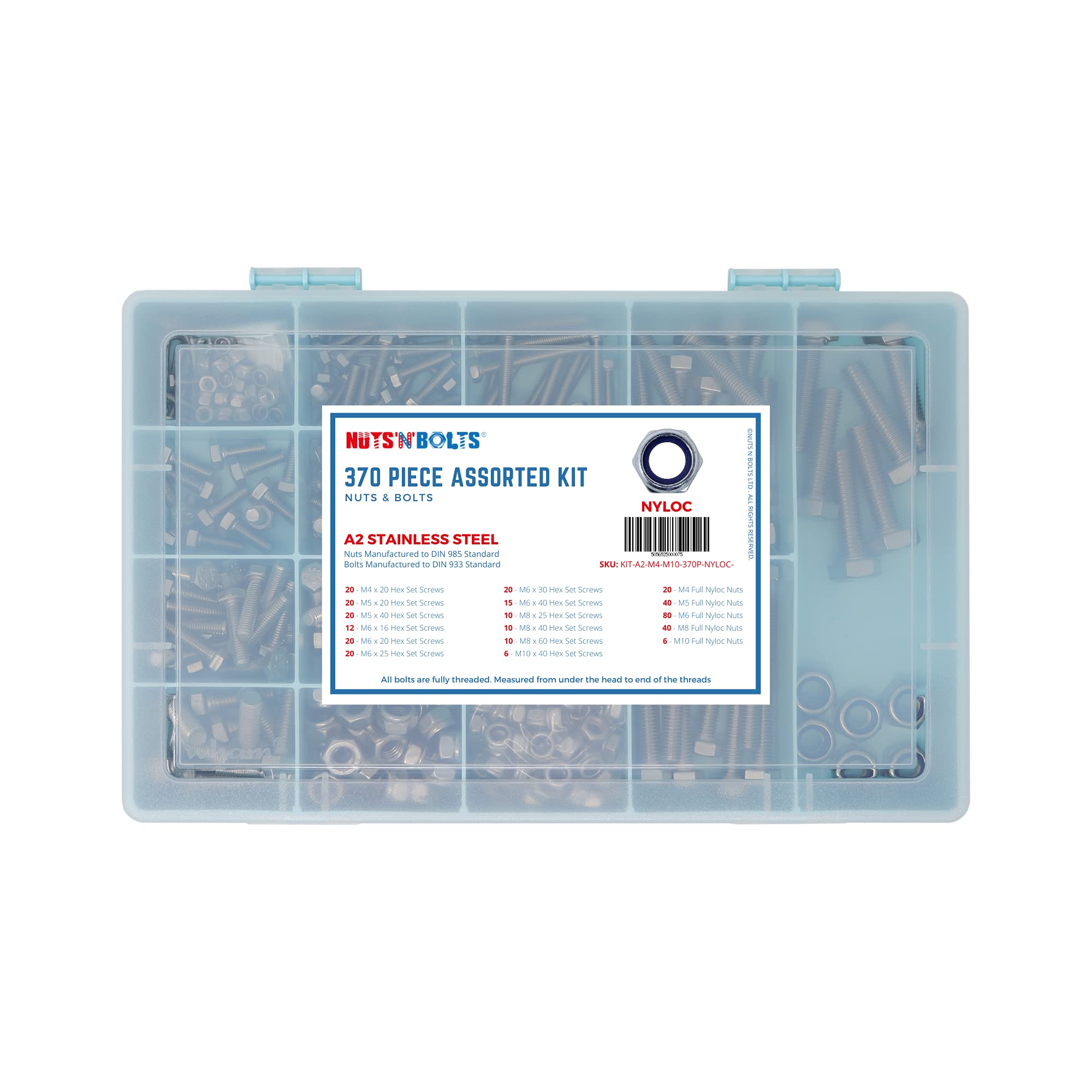 A2 Assorted Box kit M4 M5 M6 M8 M10 Various Nuts & Bolts Mix Setscrews Stainless (Nyloc Nut)