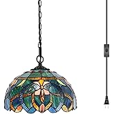 LXHCYOU Tiffany Pendant Light Plug in, 12 inches Stained Glass Hanging Lamp, 39 Inch Chain, 15 Feet Cord Living Room Bedroom 