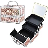 Faquenc Makeup Case with Lighted Mirror Travel Makeup Organizer Box Portable Lockable 2 Trays Cosmetic Train Case with LED Mirror for Girls Make up Nail Kits Sewing Vanity Storage Case, Shiny Gold