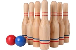 STERLING Sports Premium Wooden Lawn Bowling Skittles Set 11" Pins with Carrying Mesh Bag - 10 Heavy Solid Wooden Pins and 2 Balls - for Indoors and Outdoors