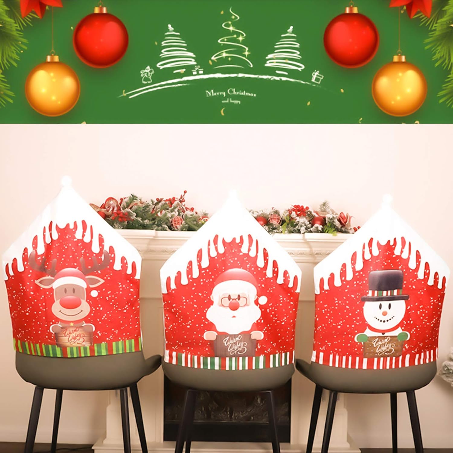 Christmas Chair Covers Set of 3 Dining Room Chair Slipcovers 18.5”x22.5 Office Chair Cover Xmas Chair Back Covers for Hotel Ceremony Banquet Wedding Party Christmas Decorations Indoor: Kitchen & Dining