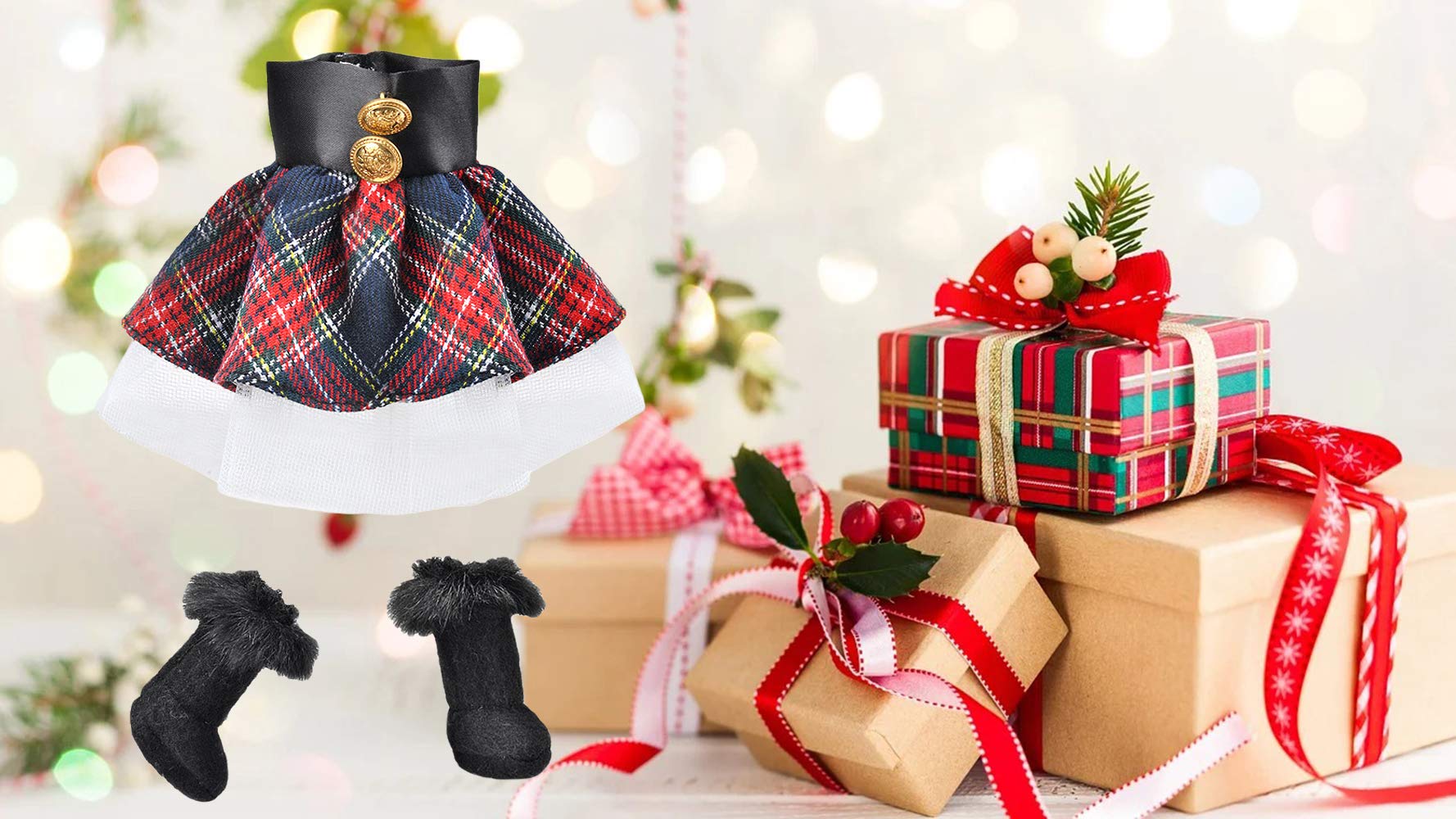 E-TING Santa Clothing Red-Blue Plaid Dress with Boots for elf Doll Christmas Decoration