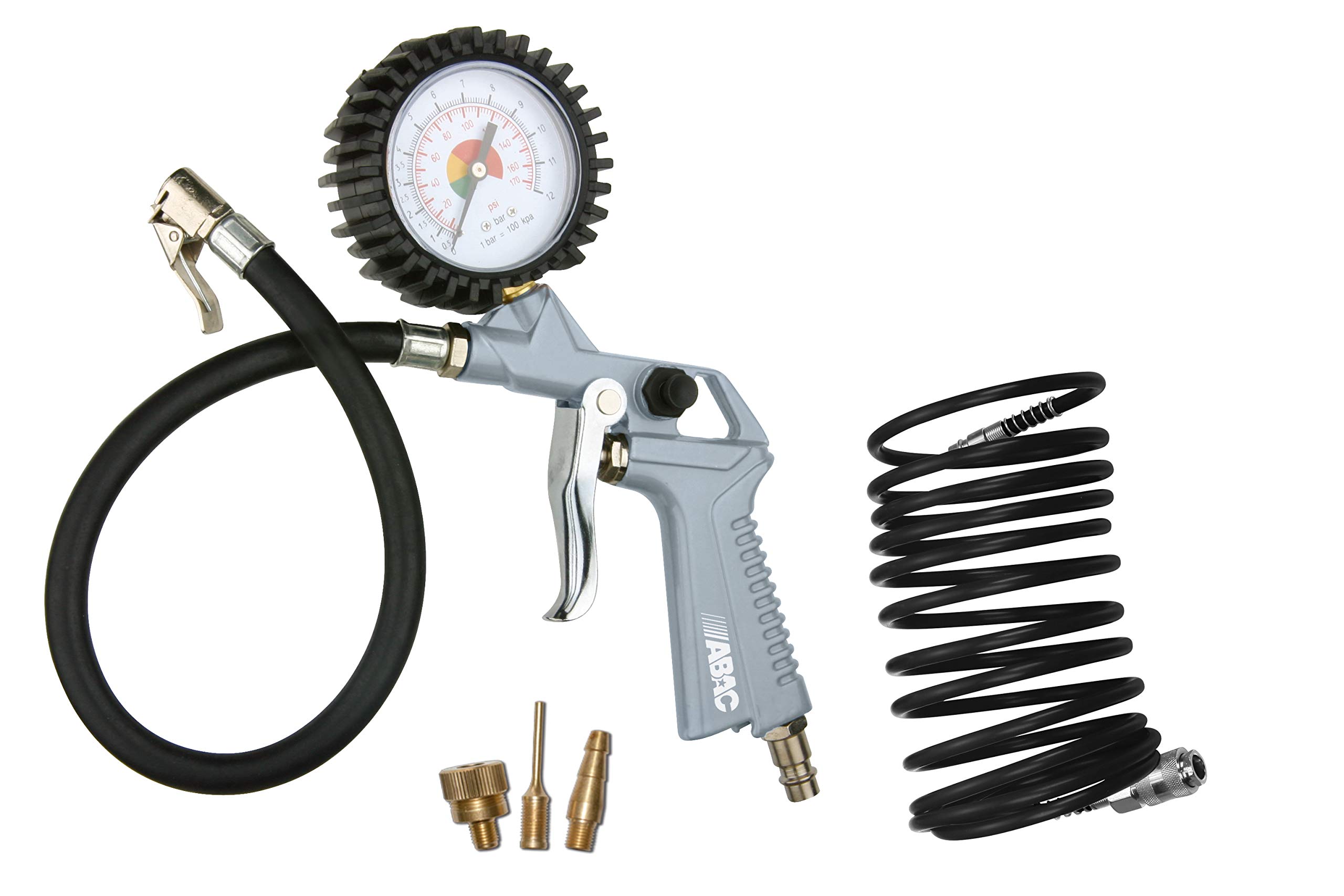 ABAC G-811TI 5-Piece Tyre Inflator Kit, 60 mm Diameter Tyre Inflator + Spiral Hose + 3 Nozzle Attachments