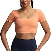 Aoxjox Short Sleeve Crop Tops for Women Nancy Longline Square Neck V Back Workout Cropped T Shirt Top