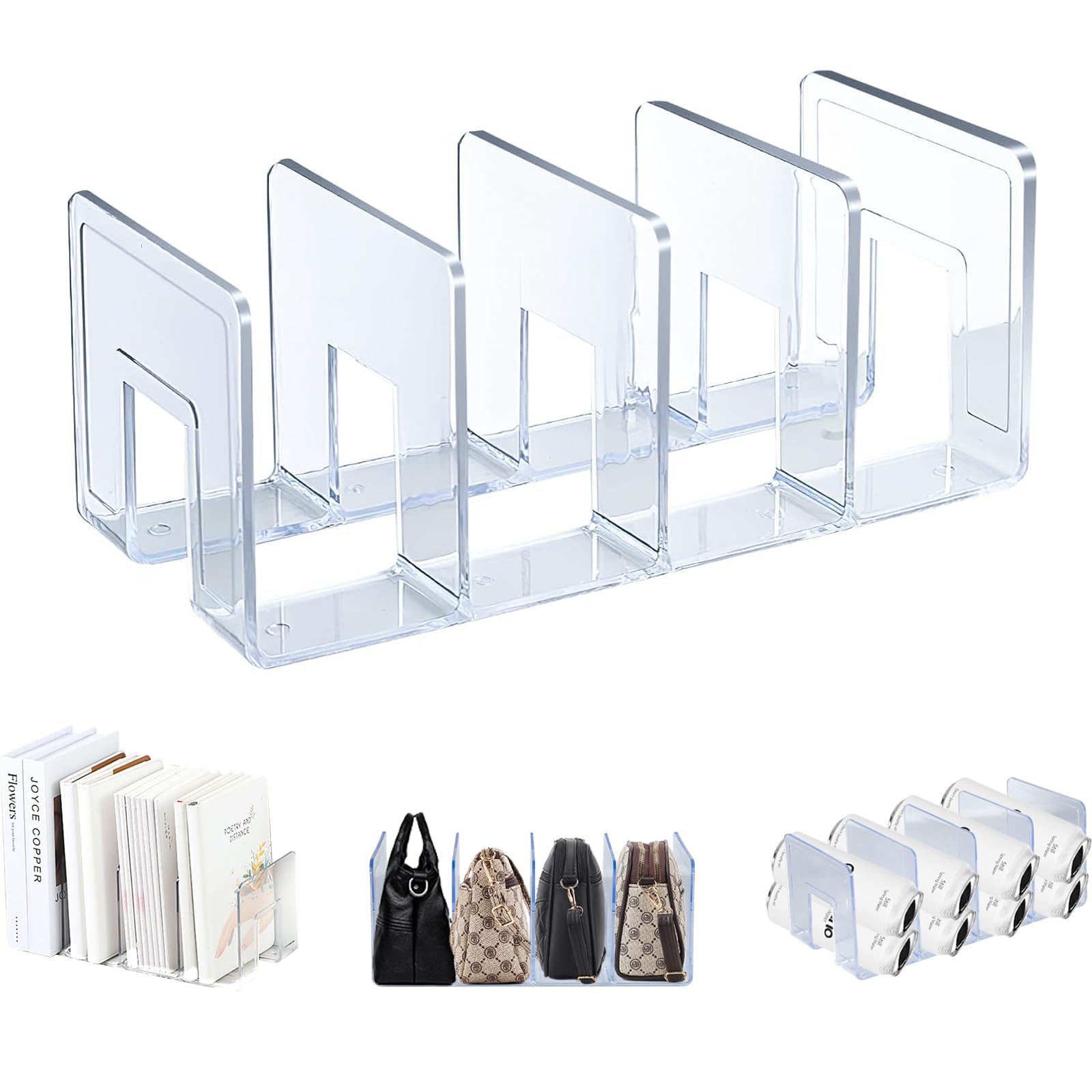 Elezeal Clear Acrylic Magazine Holder, Desktop File Organizer Thick File Sorter Book Holder for Bottle Tray, Kitchen Lid Organizer, Small Handbag Clutch Bag Divider, Purse Stand Rack (1 PACK)
