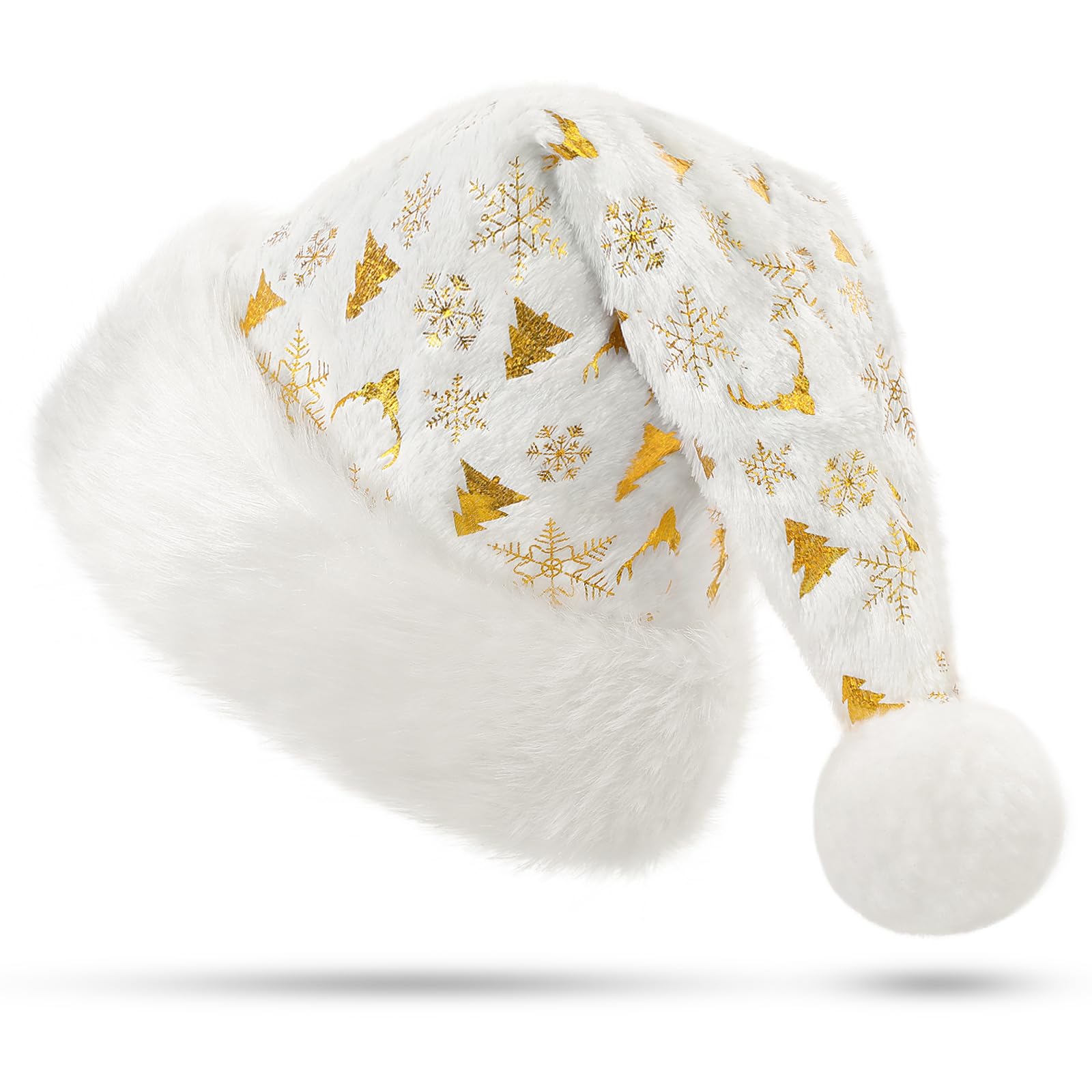 KONVINIT Christmas Hats Adult,Deluxe Santa Hat Santa Claus Hat Father Christmas Hat with Patterns of Christmas trees, Reindeer and Snowflakes,Xmas Hat for Men and Women,white