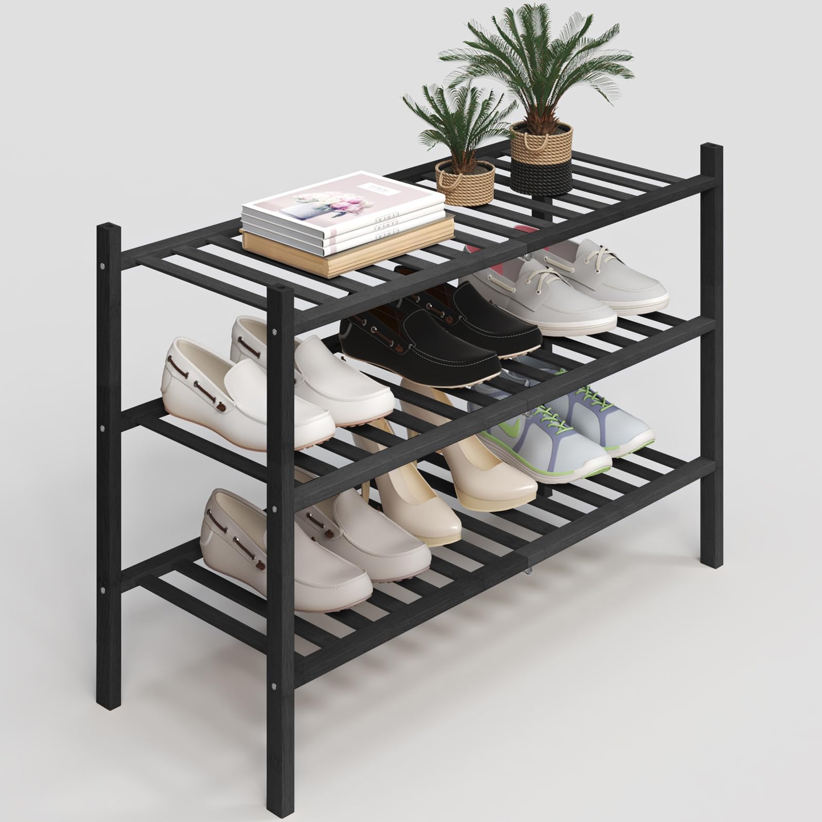 Photo 1 of Z&L HOUSE 3-Tier Shoe Rack for Closet, Stackable Bamboo Shoe Rack for entryway, Hallway, Bathroom, Multifunctional Utility Free Standing Shoe Shelf Black1