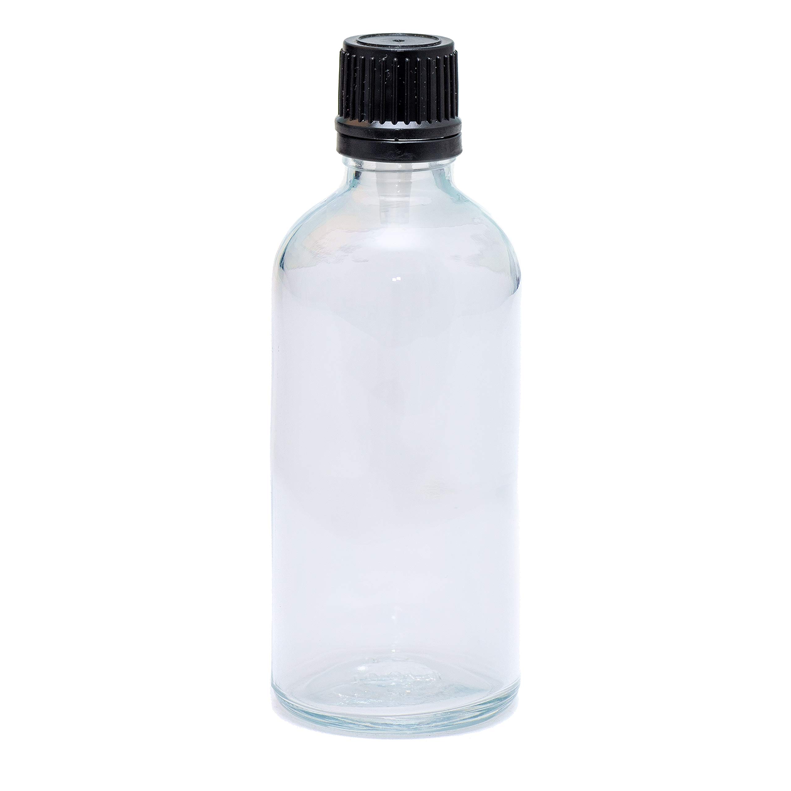 Aura 100ml CLEAR Glass Bottles with Black Tamper Evident Caps & Droppers - PACK of 8