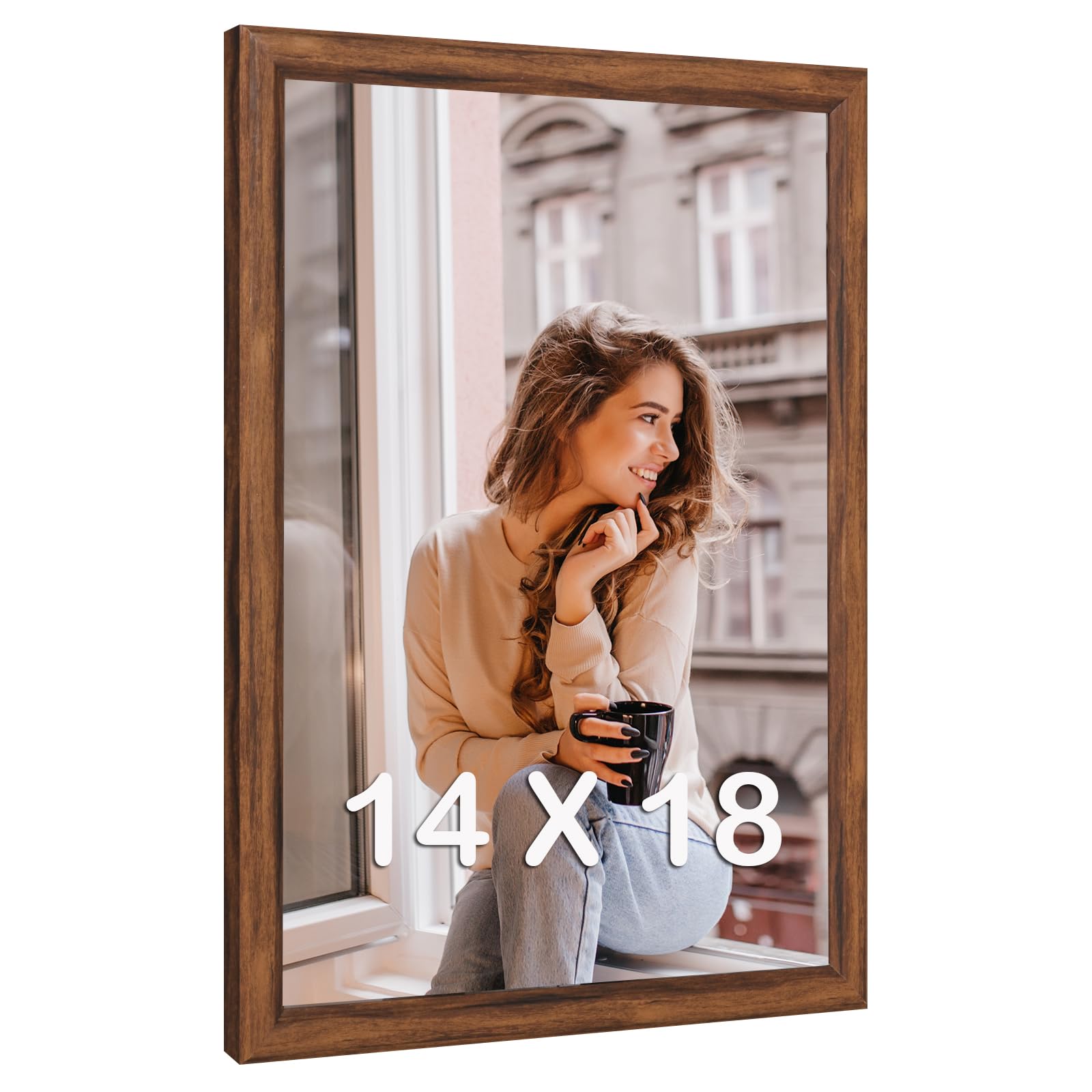 Photo 1 of 14x18 Wood Frame Brown, Rustic Natural Wooden 18x14in Poster Picture Frame, Distressed 14 x 18inch Woodgrain Gallery Photo Frame with HD Plexiglass, Horizontal Vertical Wall Mounting Display 1pcs