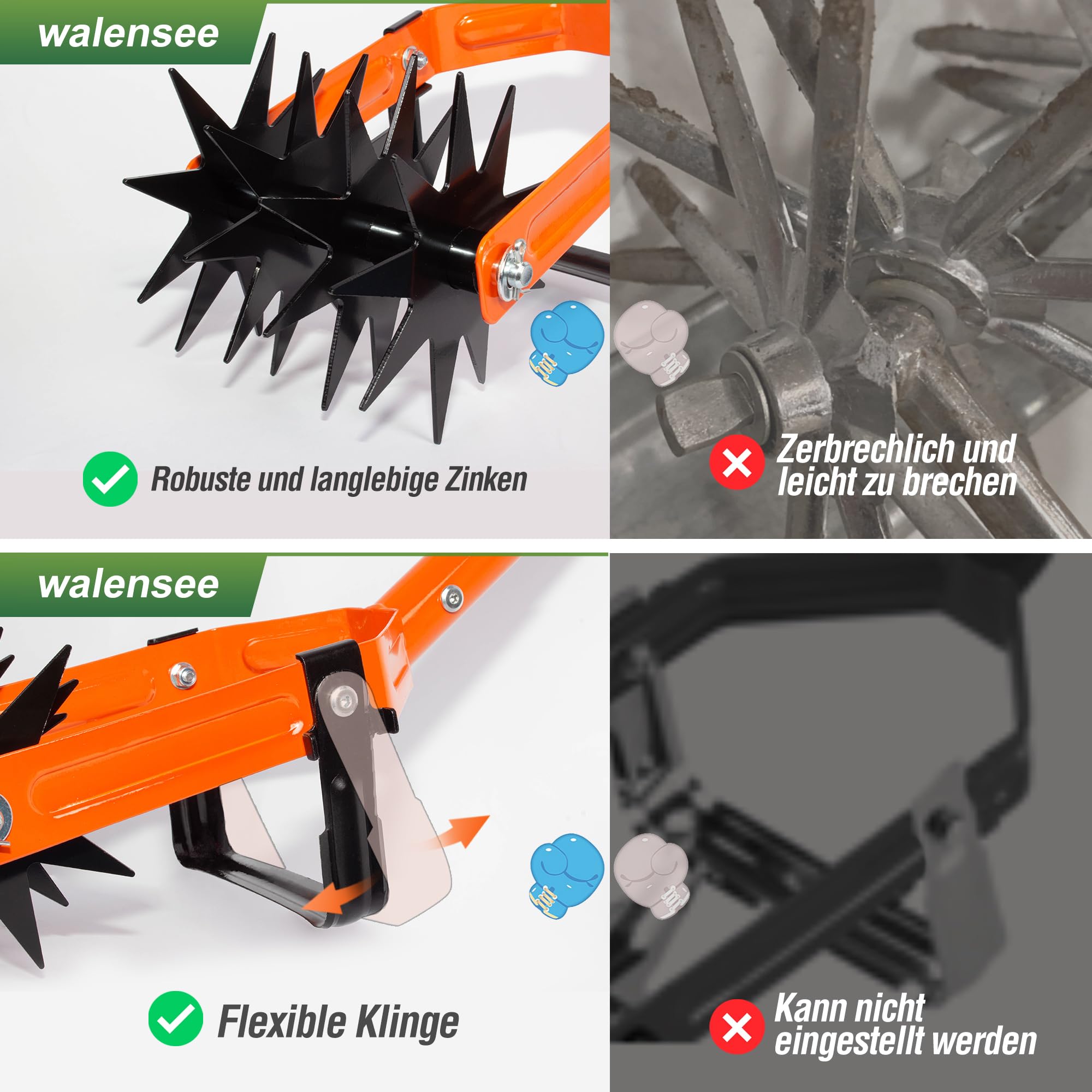 Walensee Rotationsgrubber, verstellbare Garten Kultivator Gartenfräse, 2-in-1 Gartenjätmaschine und Krümelgrubber Kultivator-Werkzeug zur Bodenmischung oder zum Nachsäen von Gras Rotary Cultivator 2