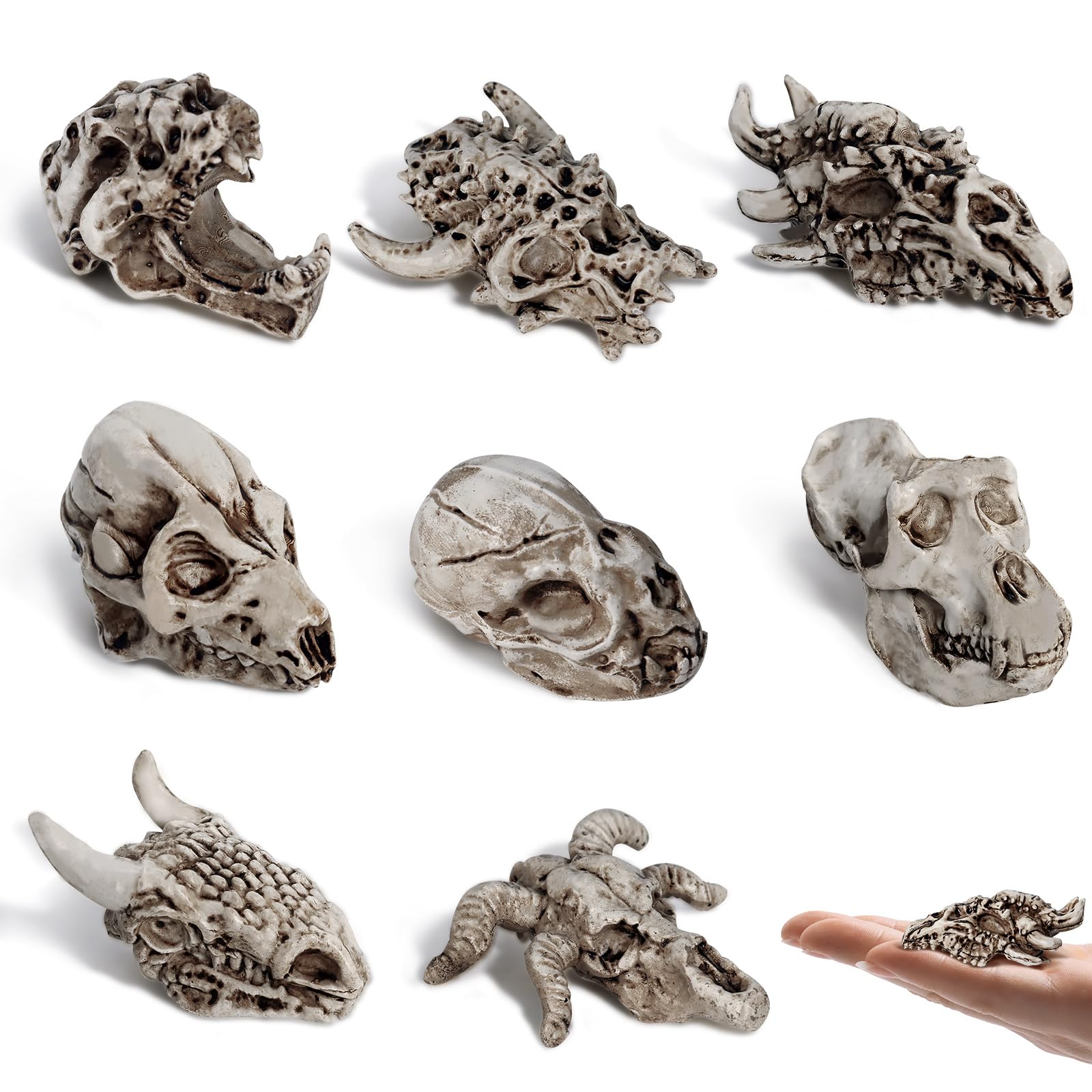 Bbiamsleep 8 Pcs Realistic Animal Skull Figurine Resin Mini Dinosaur Alien Monster Skull Decor Ornament for DIY Projects Halloween Christmas Decoration