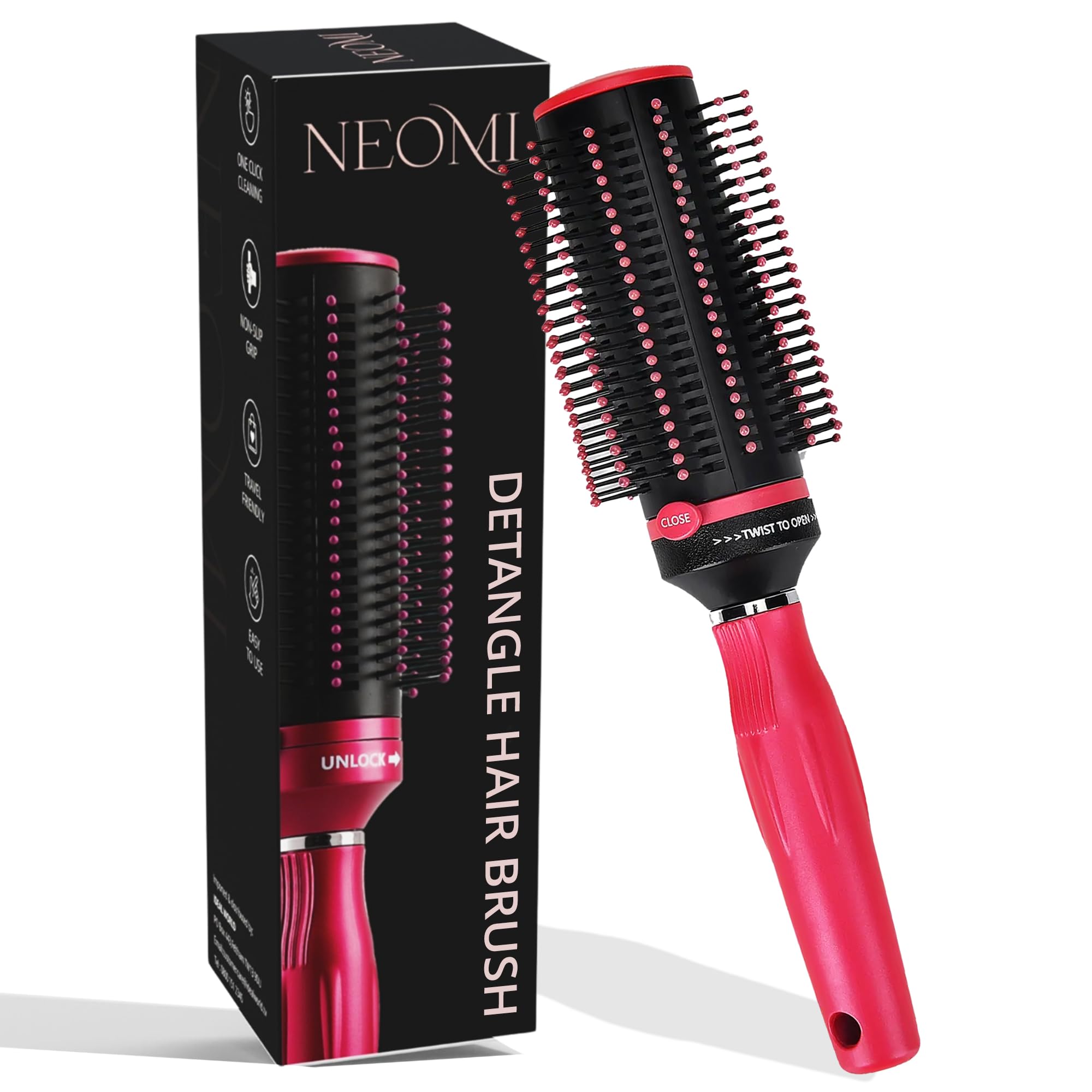 TJC Retractable Detangle Hair Brush for Curly, Straight & Wet Hair - Detangling Round Hairbrush for Blow Dry - Soft Bristle for Long, Thick & Curly Hair - Easy Clean Travel Brush - Pink