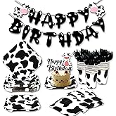 Cow Birthday Party Supplies Tableware -Black White Cow Print Party Supplies Decorations Include Plates, Cups, Napkins, Happy Birthday banners，Cutlery, Cake toppers，Party Decorations Dinnerware | 24
