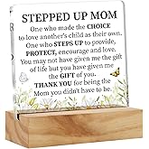 Acrylic Stepmother Gift Stepmom Desk Decor Present, Floral Stepped Up Mom Thank You Decorative Clear Acrylic Desk Plaque Sign with Wood Stand for Home Birthday Mother's Day Xmas
