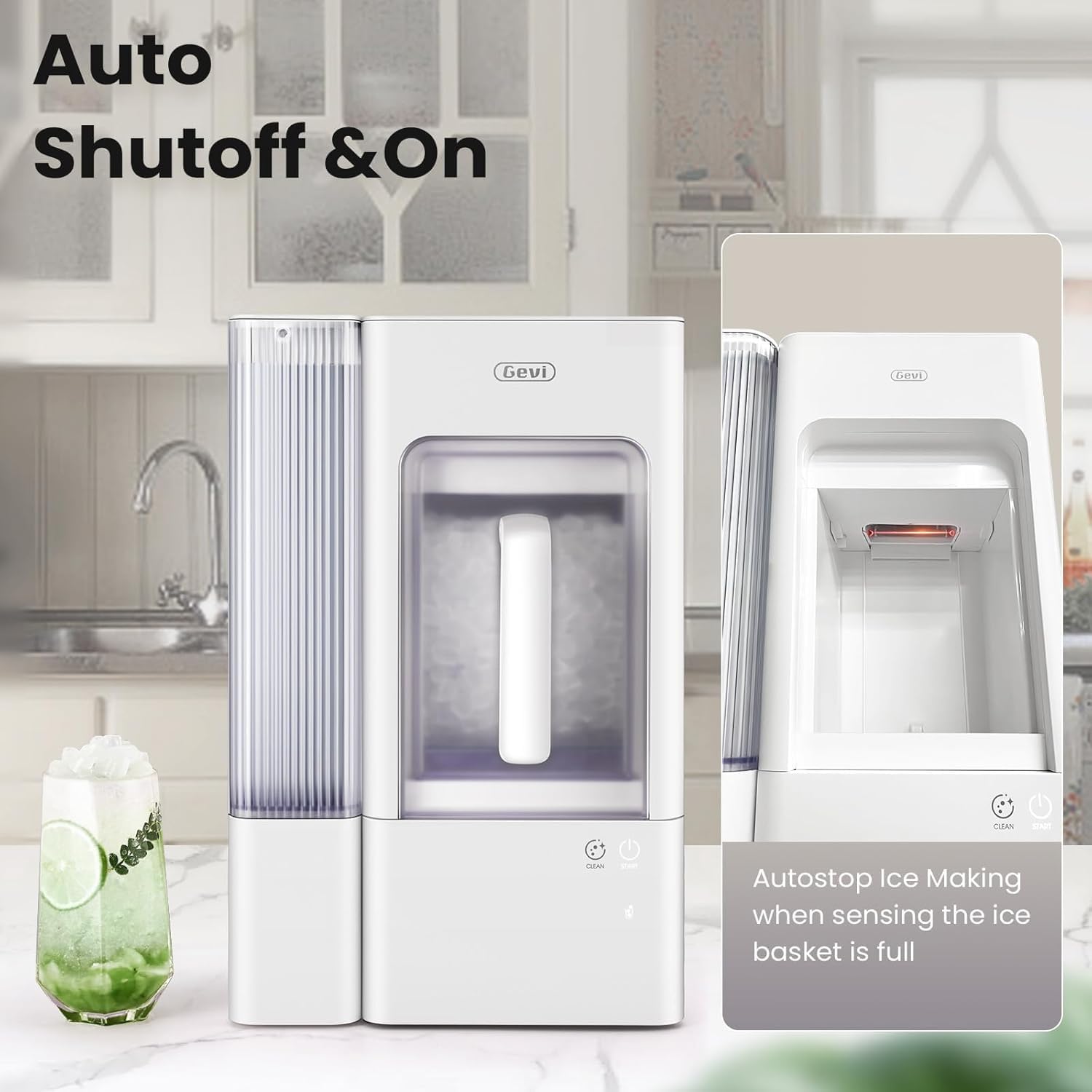 Gevi Adella Gemi Nugget Ice Maker Countertop, Chewable Pellet Ice Machine with Portable Ice Basket Large Side Tank Self-Cleaning for Home Kitchen Office Party