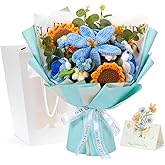 Hand-made Crocheted Flower Bouquet, 24 Flowers and 15" Tall, Taller and Plumper Knitted Rose, Galsang and Sunflowers Come with Gift Bag & Greeting Card,Gift for Mother’s Day,Teacher’s Day,Valentine