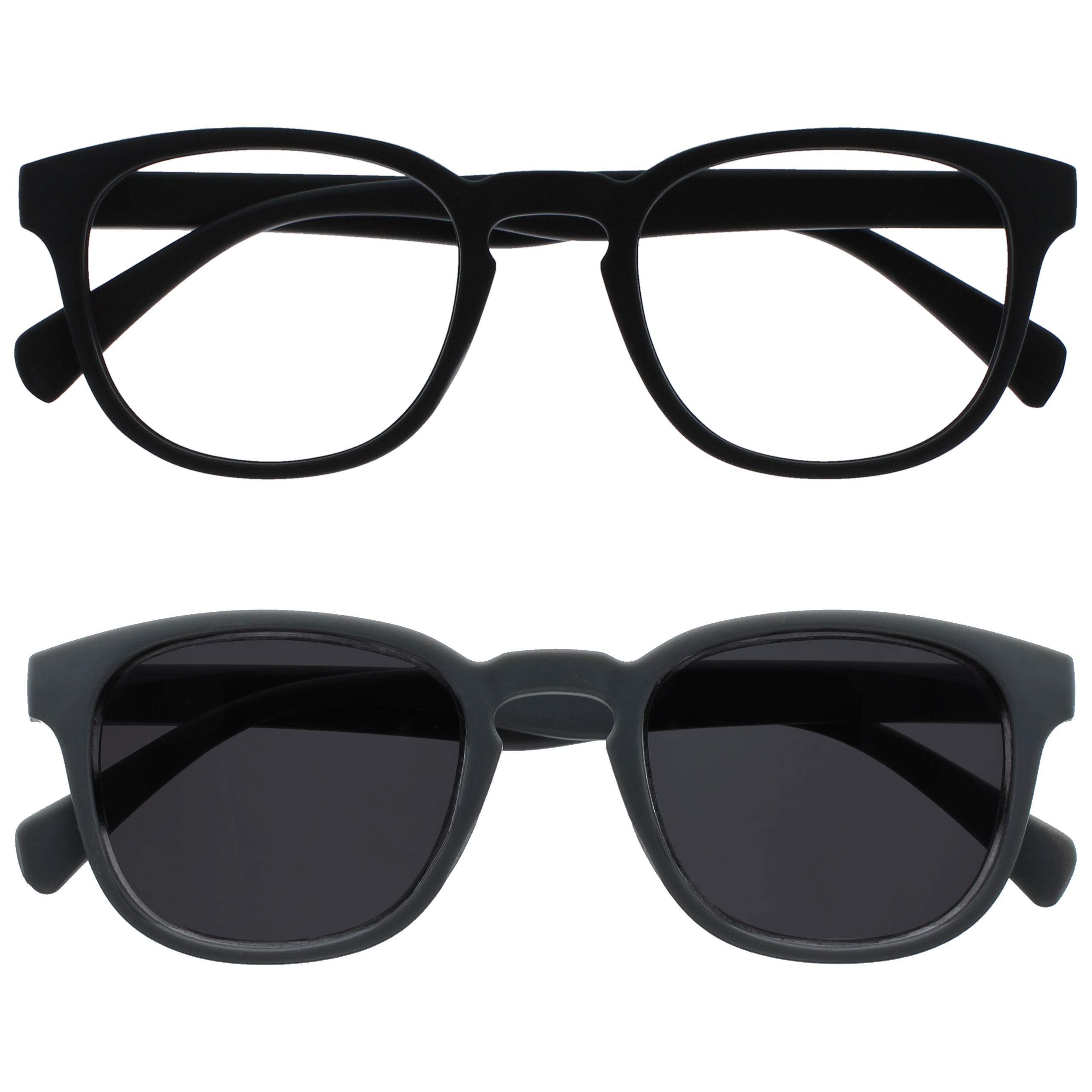 OPULIZE POP Reading Glasses and Reading SunGlasses for Women Men,Retro Round, Smooth Matt Black, Grey Sun +2.00 (Pack of 2)