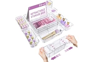 HIITYTIN 14 Pcs Clear Drawer Organizer, Adjustable Drawer Storage Box, 3-Size Desk Drawer Organizer, Acrylic Storage Bins for Makeup, Cosmetic, Kitchen Utensils, Bedroom Dressers Tool Organizer for Gadgets