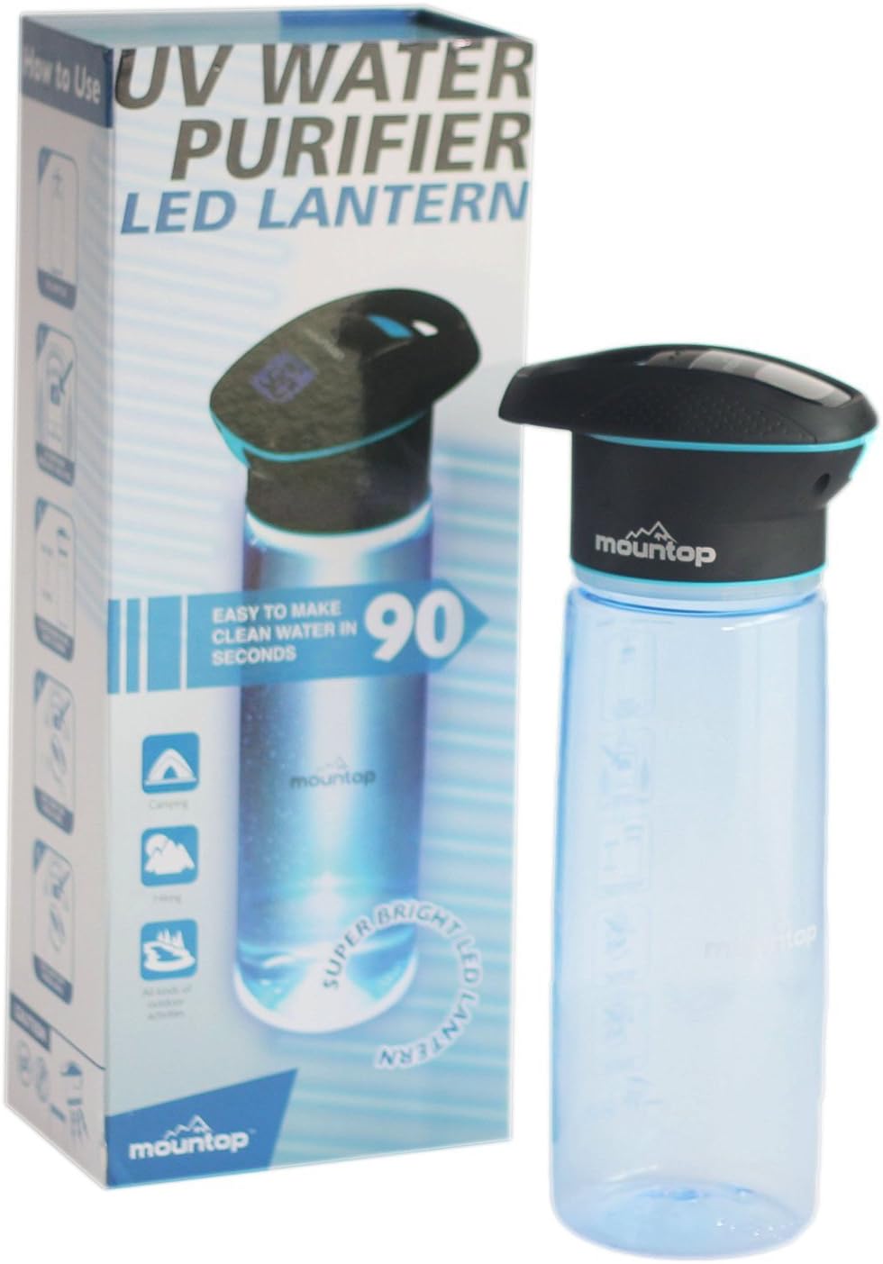 Water Purification, Mountop UV Portable Water Bottle, 750 ML Bottle. UV Cap with LED Display That Sterilizes Water in 90 Seconds.