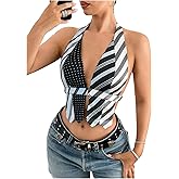 OYOANGLE Women's Striped Sleeveless Halter Crop Top Deep V Neck Backless Asymmetrical Hem Y2K Tops