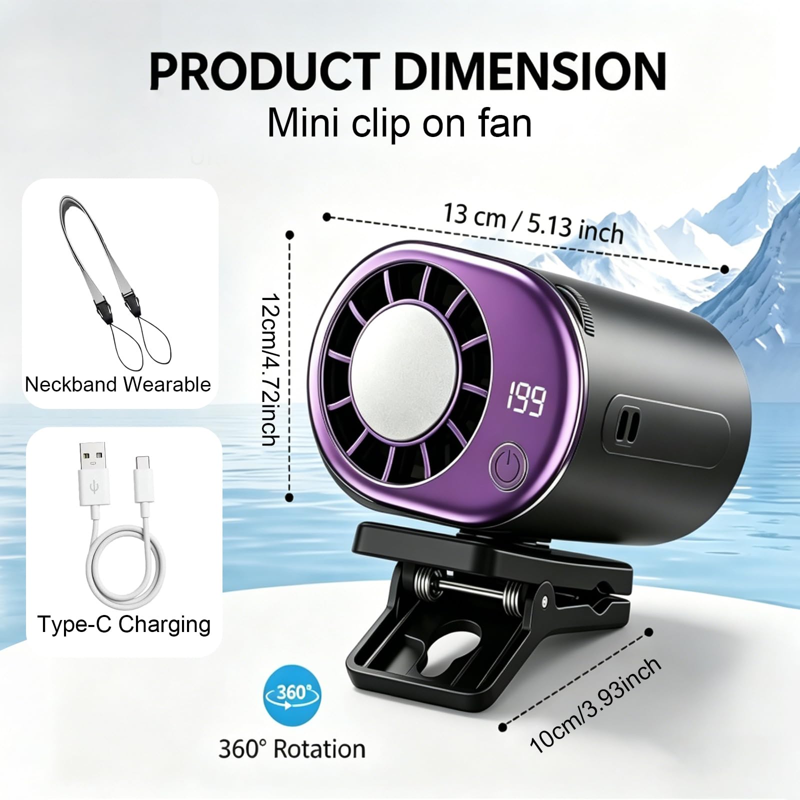 Condition photo showing New/Like New for clip on fan with led display, portable ac for car, 16°c cooling system, 360° rotation & 199 speeds a