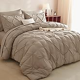CozyLux King Size Comforter Set Khaki, 7 Pieces Pintuck Bed in A Bag Khaki Comforter King Size, Pinch Pleat Bedding Set with All Season Comforter, Sheets, Pillowcases & Shams