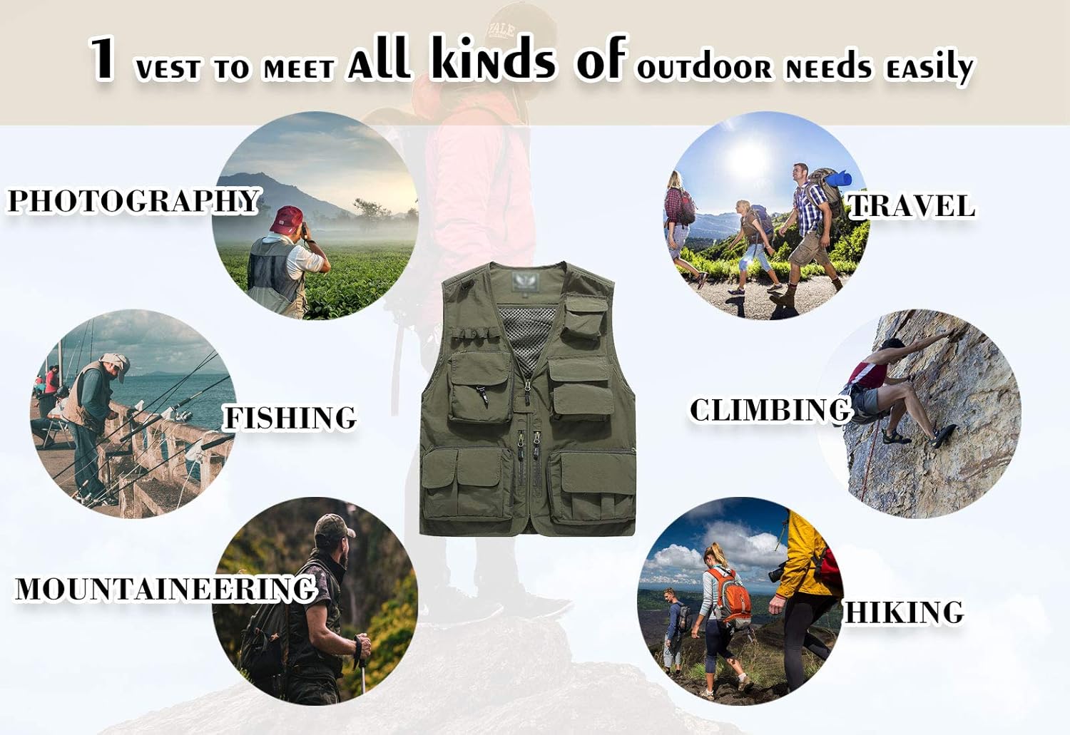 Flygo Men's Casual Outdoor Work Safari Fishing Travel Photo Cargo Vest Jacket Multi Pockets: Clothing